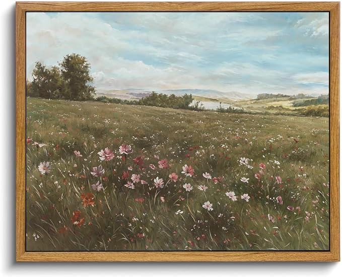 OIQArtOIQ Vintage Landscape Framed Wall Art Summer Countryside Wildflower by OIQArtOIQ