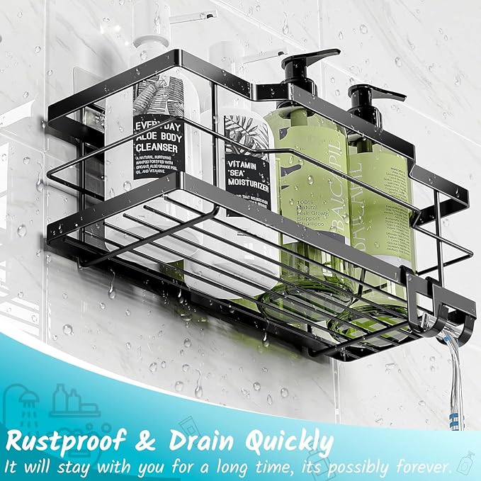 Moforoco Shower Caddy Shelf Organizer Rack, Self Adhesive Black Bathroom - Image 4