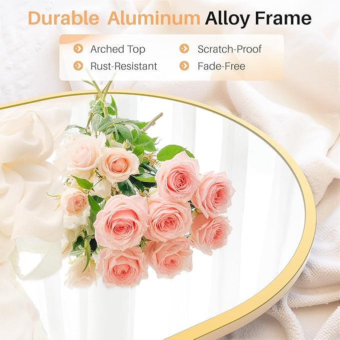 Bathroom Mirror for Wall, 30x20 Inch Arched Mirror, Matte Gold Metal Framed - Image 2