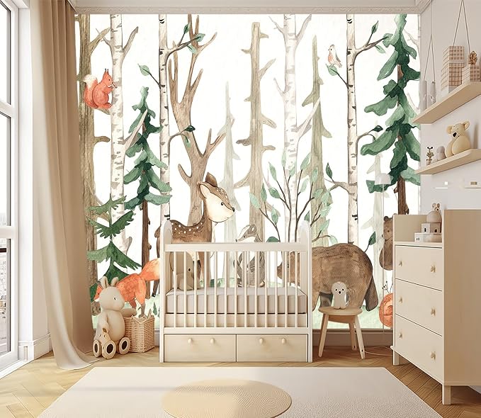 XMPMBM-Cartoon Hand-Painted Animals Woodland Nursery Room Fabric Wallpaper - Image 2