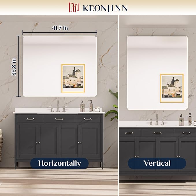 Keonjinn 42 x 36 Brushed Nickel Bathroom Vanity Mirror, Large Rounded Rectangle - Image 8