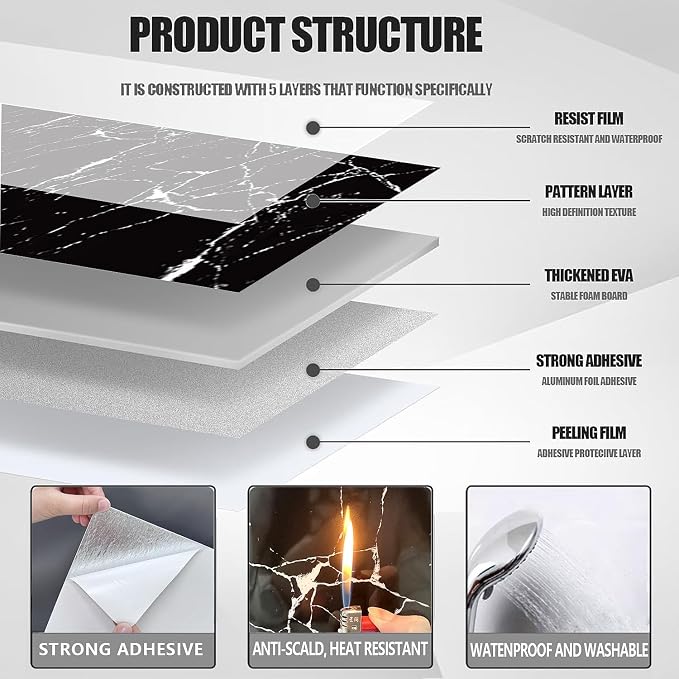 10pcs Peel and Stick Tile Shower Waterproof Marble Tiles Wall Panels, - Image 4