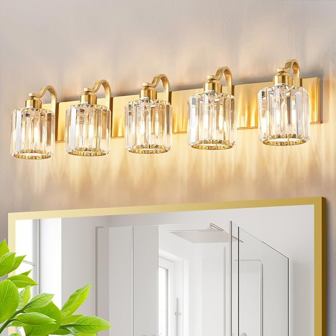 Modern Crystal Bathroom Vanity Light 5 Lights Crooked Gold Over Mirror Wall by AIXIALIN