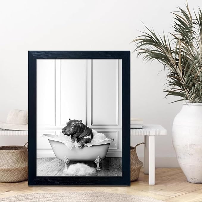 Black and White Bathroom Decor Funny Hippo in Bathtub Wall Art Framed Humor - Image 5