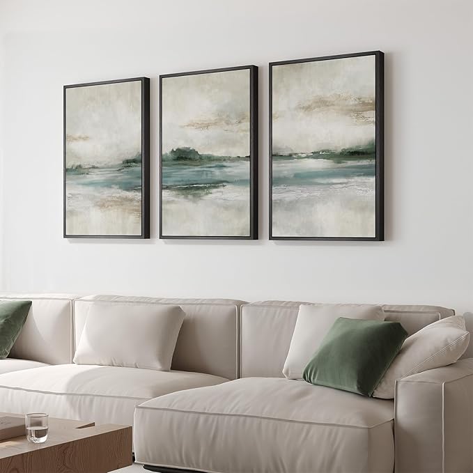 Framed Abstract Landscape Wall Art, Soft Blue and Green Nature Pictures by Cuspin