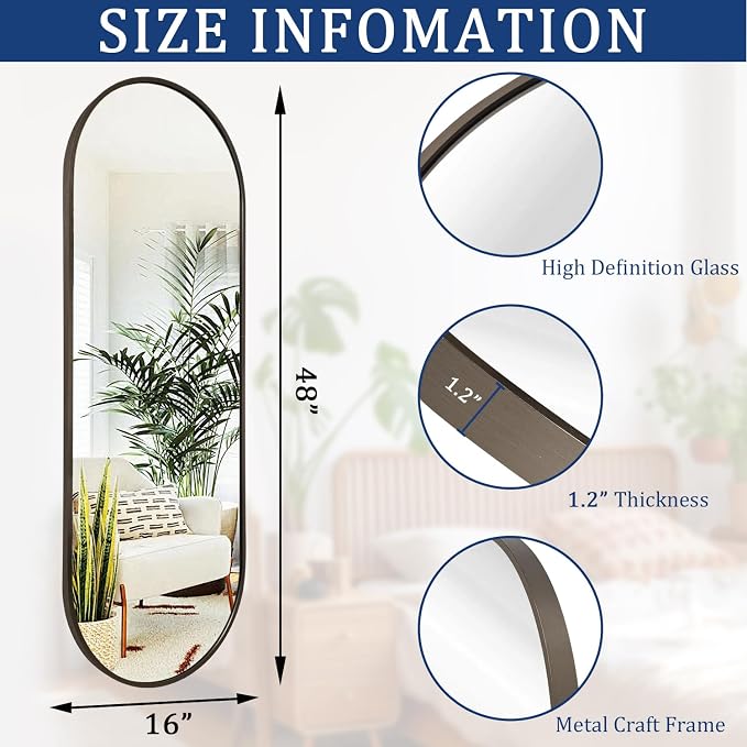 Oval Bathroom Full Length Mirror, Large 48x16'' Pill Shaped Oblong Vanity Wall - Image 7