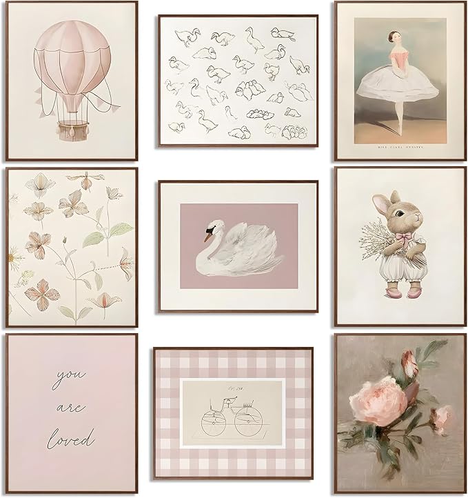 9pcs Nursery Pink Wall Art Baby Girl Canvas Wall Art Vintage Floral Prints Kids by Unknown