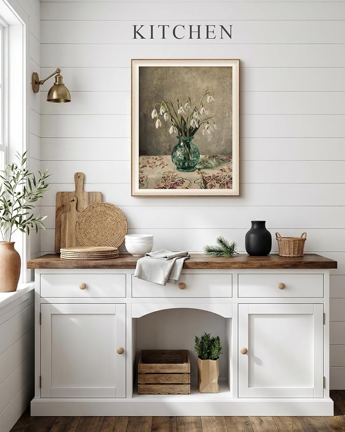 VIYYIEA Framed Wall Art for Living Room, Snowdrop Flowers in Green Glass Vase - Image 2