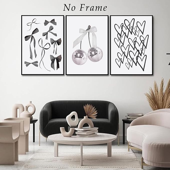 BOKPEN 3pcs Black and White Trendy Preppy Wall Art Bows Disco Ball Many Heart - Image 3