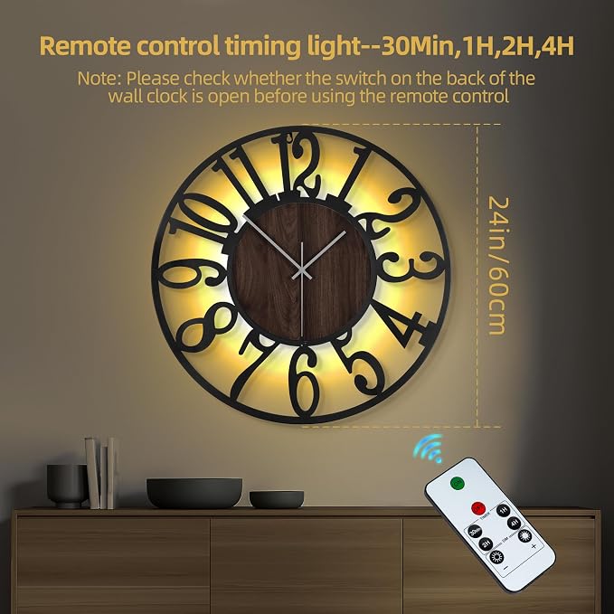 LEIKE Large Wall Clock 24'' Lighted Rustic Wood Clock - Image 2