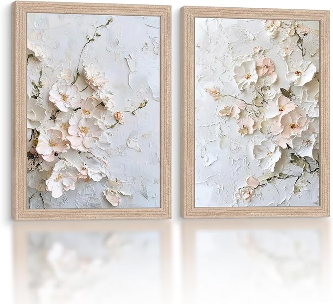 Framed 3D Floral Texture Canvas Wall Art Relief Textured Floral Oil Painting by NCYEL