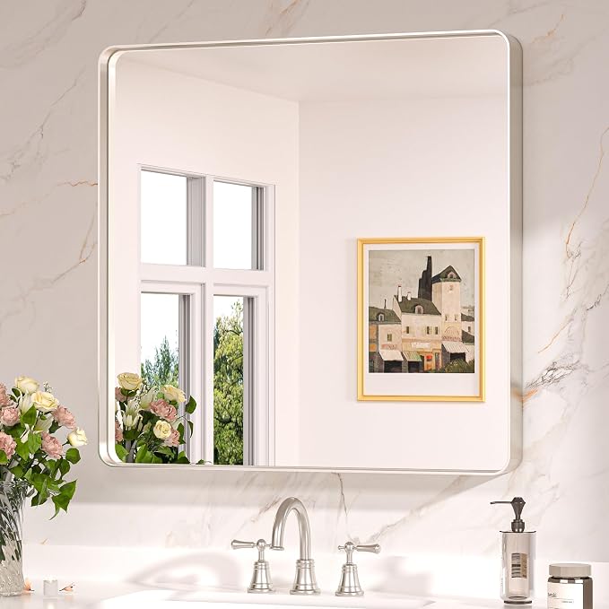 Keonjinn 30 x 30 Inch Brushed Nickel Bathroom Mirrors by Keonjinn
