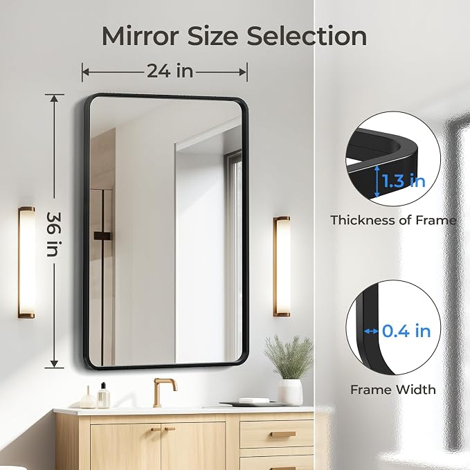 USHOWER Black Bathroom Mirror for Over Sink 24 x 36 Inch, Metal Frame Rectangle - Image 3