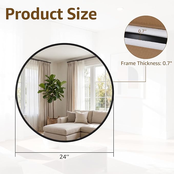 DUMOS 24 Inch Round Wall Mirror, Bathroom Mirror - Image 2