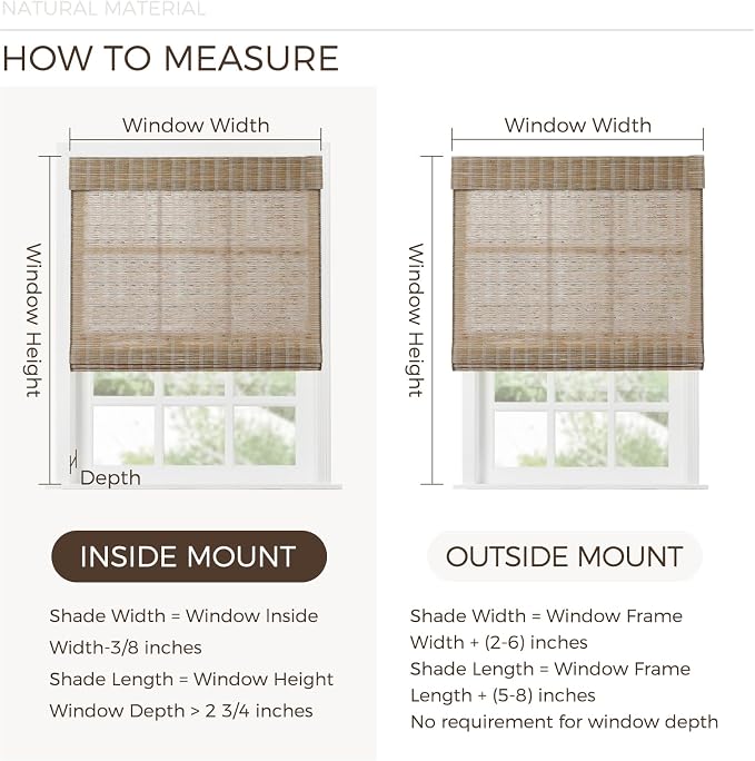 TWOPAGES Natural Woven No Drill Roman Shades, Custom Cordless Blackout Bamboo - Image 6