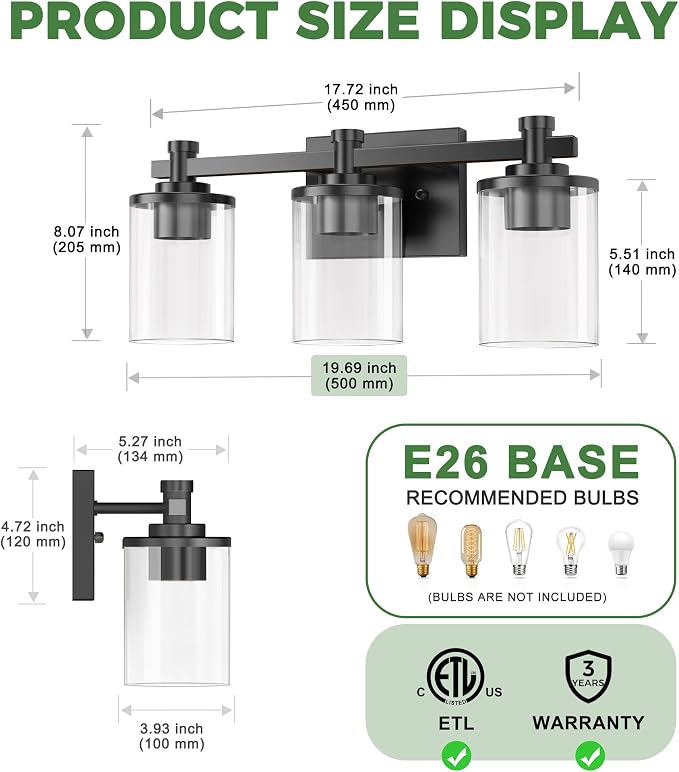 DORESshop 20 Inch Bathroom Light Fixtures, 3-Light Upgraded Matte Black - Image 5