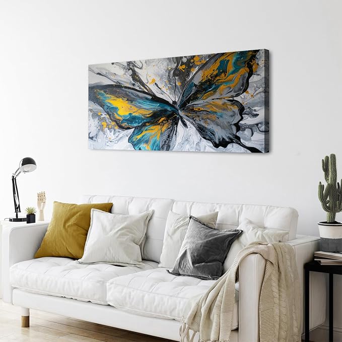 Abstract Butterfly Wall Art Teal Grey Yellow Butterfly Wall Decor Modern Marble - Image 6