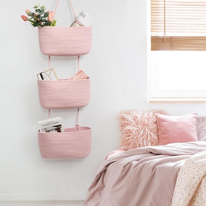 TeoKJ Over the Door Hanging Basket, 3-Tier Woven Cotton Wall-Mounted Storage - Image 4