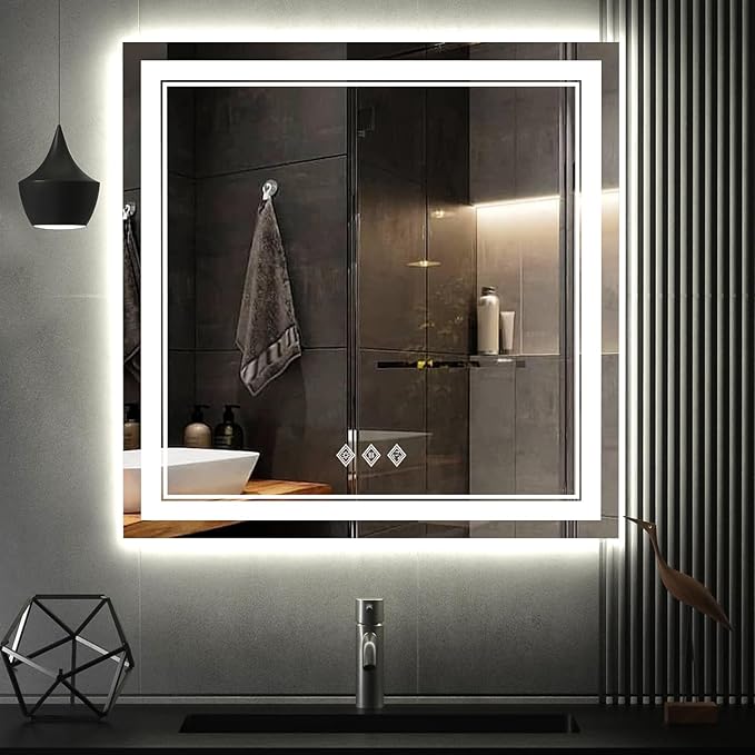 LED Bathroom Mirror, 32x32 Inch Gradient Front and Backlight Lighted Vanity by VanPokins-GlobalHighEndLEDBathroomMirrorBrand