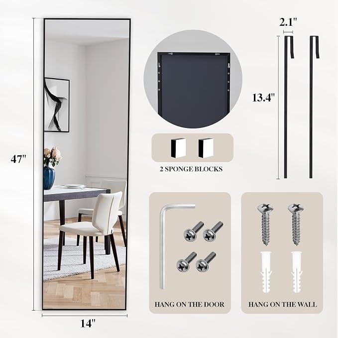 DUMOS 47x14 Full Length Mirror Over the Door, Wall Mounted Full Body Mirror - Image 2