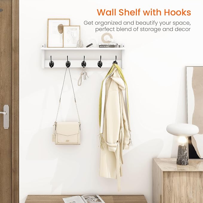 Homode Coat Rack with Shelf Wall Mount, 24 Inch Long Wall Shelf with Hooks - Image 2