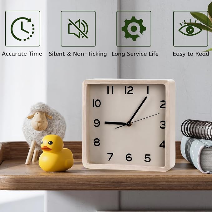 Maxspace Wooden Wall Clock, 8 Inch Non-Ticking Silent Square Wall Clock - Image 2