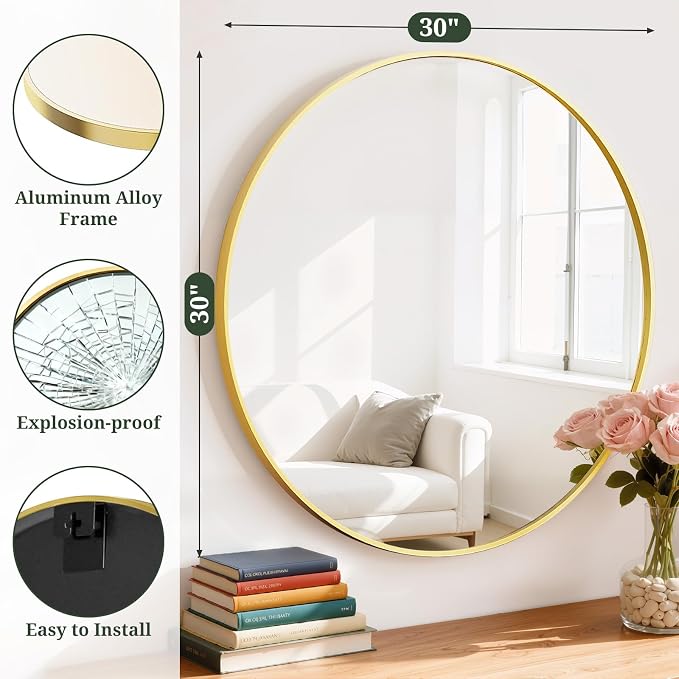 Round Wall Mirror 30 Inch Gold Vanity Mirror - Image 2
