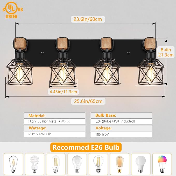 FadimiKoo 4-Light Rustic Style Wood Bathroom Vanity Light Fixtures, Farmhouse - Image 2