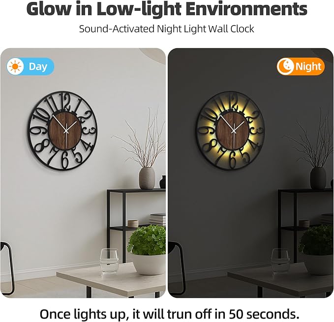 24'' Silent Wall Clock with Night Light, Glow in The Dark Decorative Wall Clock - Image 2