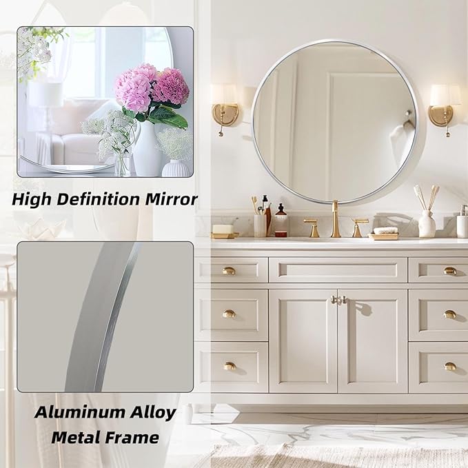 Round Silver Mirror, 30 Inch Circle Silver Mirror, Metal Frame Round Wall - Image 2