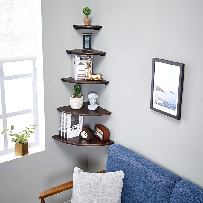 Corner Shelf, 12inch Walnut Solid Wood Floating Corner Shelves Wall Mount Round - Image 6