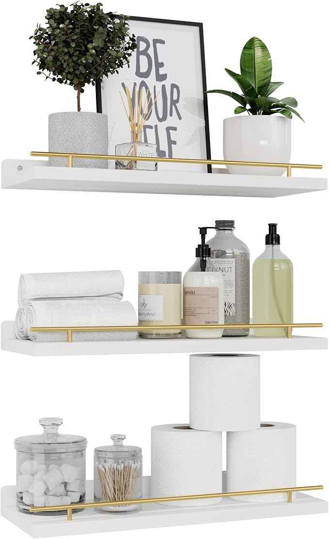 WOPITUES Floating Shelves with Gold Metal Guardrail, Shelves by WOPITUESOfficial