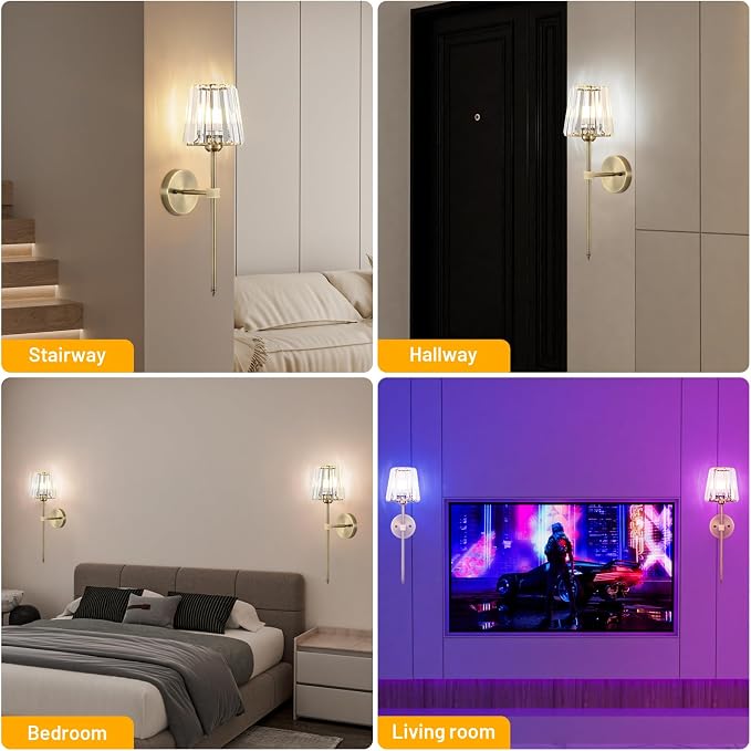 Crystal Battery Operated Wall Sconces Set of 2, Brass Rechargeable Wireless - Image 8