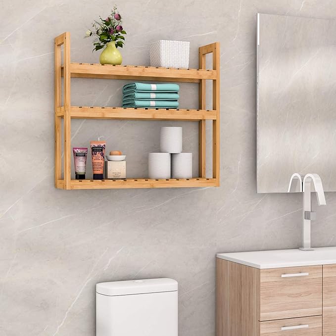 Domax Bamboo Bathroom Shelf 3-Tier Wall Mount Storage Rack Multifunctional - Image 2