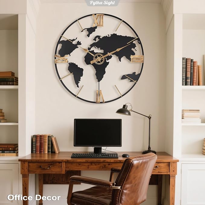 Pytha Sight 30 Inch Large Modern Decorative Metal World Map Wall Clocks Giant - Image 7
