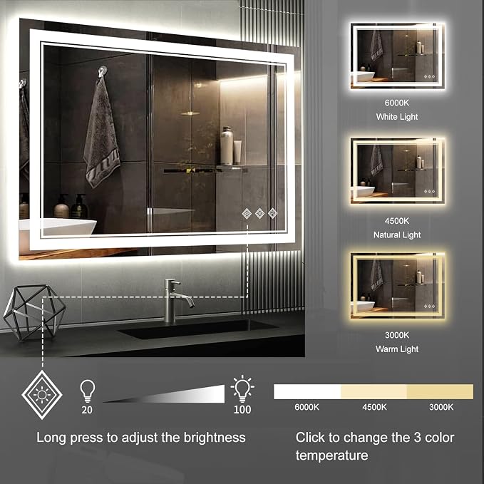Lighted Bathroom Mirror, 40x30 Inch Gradient Front and Backlit LED Bathroom - Image 5