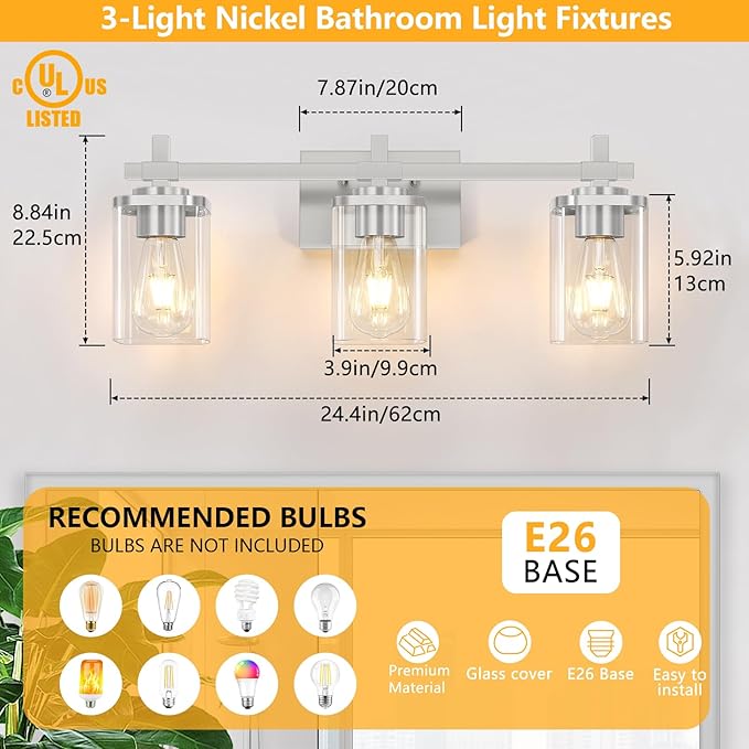 Brushed Nickel Bathroom Light Fixtures, 3-Lights Bathroom Vanity Light - Image 2
