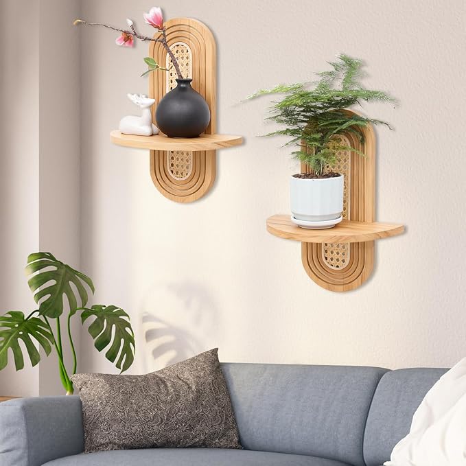 Floating Shelves for Wall, Boho Home Wall Decor, Rattan Plant Shelf Set of 2 - Image 7