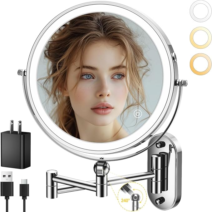 9" Wall Mounted Lighted Makeup Mirror, 4000mAh Rechargeable Double Sided 1X/10X by IMIKONA