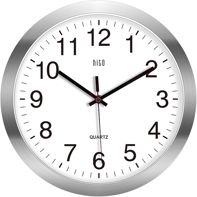HITO 12 Inch Silent Wall Clock Battery Operated Non Ticking Glass Cover Silver by hito