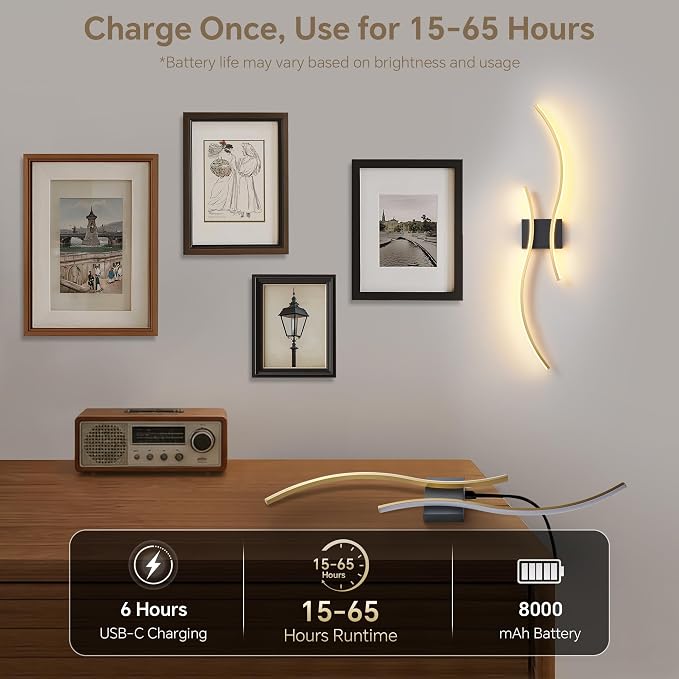 Battery Operated Wall Sconce Set of 2, Dimmable Modern LED Rechargeable Wall - Image 6