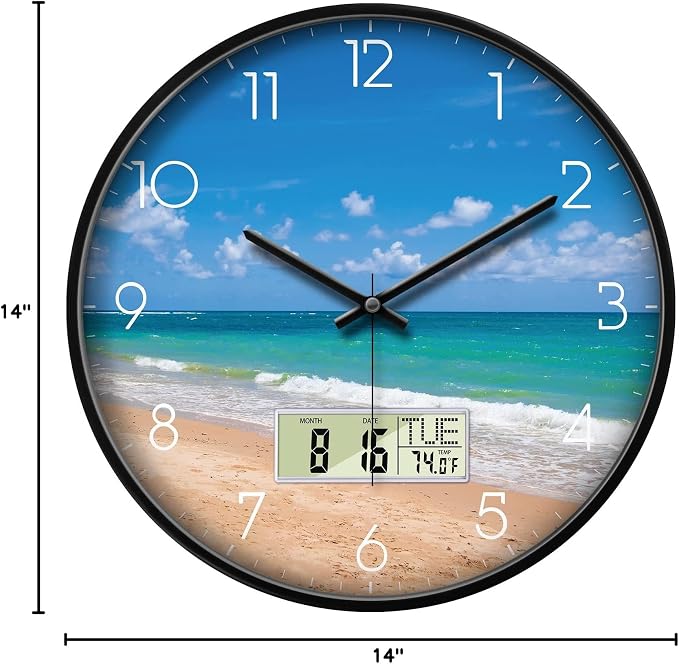 14" Silent Non-Ticking Modern Coastal Beach Wall Clock, Battery Operated Analog - Image 10