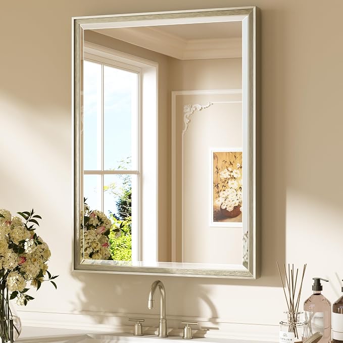 Keonjinn Brushed Nickel Bathroom Mirrors 24" x 32", HD Tempered Glass by Keonjinn