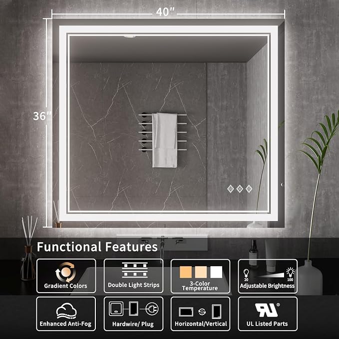 Bathroom Mirrors for Wall, 40x36 Inch Gradient Front and Backlight Lighted - Image 2