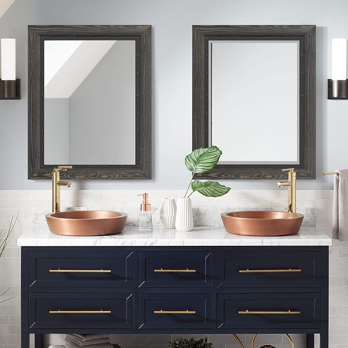 YOSHOOT Rustic Wooden Framed Wall Mirror, Natural Wood and Iron Bathroom Vanity - Image 5