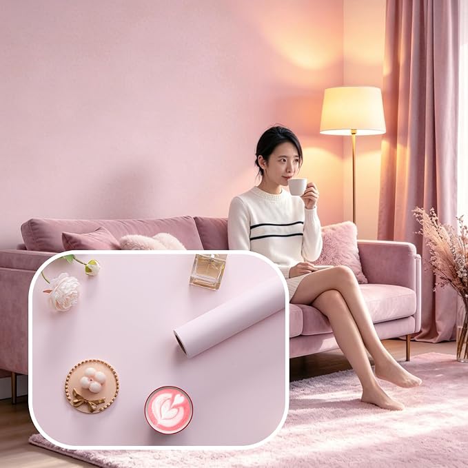 FUKU MON Soft Pink Peel and Stick Wallpaper 24" x 394" Solid Matte Textured - Image 3