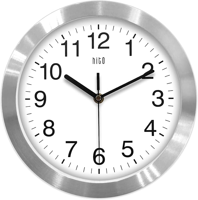 HITO 10 Inch Silent Wall Clock Battery Operated Non Ticking Glass Cover Silver - Image 8