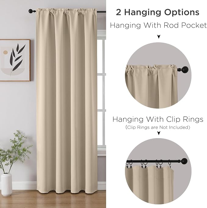 CUCRAF Light Beige Blackout Curtains 63 inch Length 2 Panels Set, Rod Pocket - Image 3