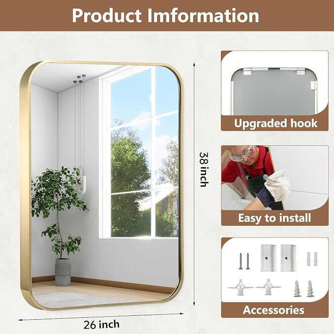 26x38 Inch Gold Bathroom Mirror, Brushed Brass Gold Metal Framed Rectangular - Image 5