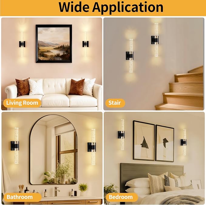 Black Modern LED Wall Sconces Set of Two 3000K-6000K Crystal Bathroom Sconce - Image 5